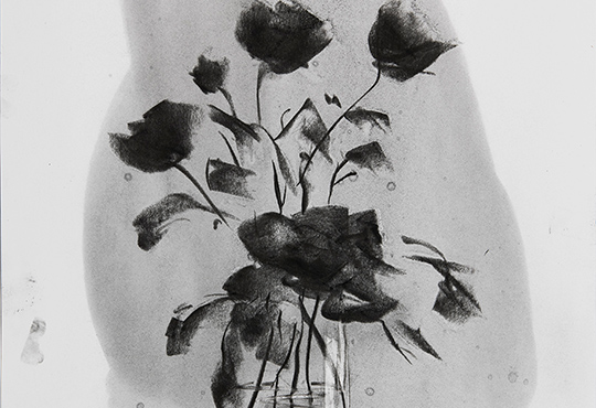 Gregory Forstner, Des Fleurs pour les Audacieux, fusain sur papier, 70x50 cm. ©Photo Pierre Schwartz.