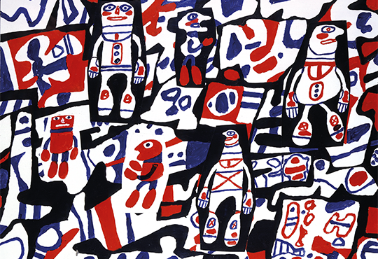 Jean Dubuffet, Les prestations, 6 juillet 1979, acrylique sur papier entoilé (avec 6 pièces rapportées collées), 51 x 70 cm Coll. Fondation Dubuffet, Paris © ADAGP, Paris, 2024