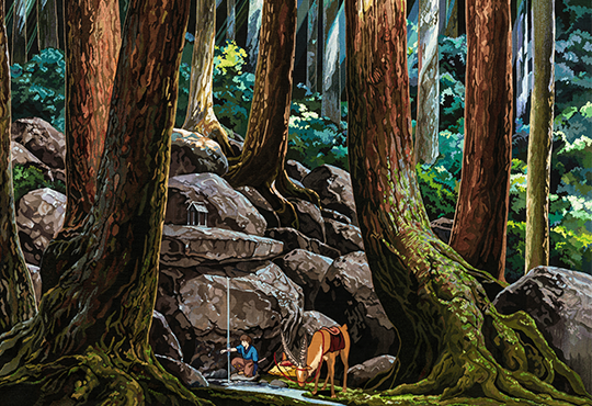Ashitaka soulage sa blessure démoniaque (Ashitaka and Yakul in the forest), D’après Princesse Mononoké © 1997 Hayao Miyazaki/Studio Ghibli, ND, Carton: Delphine Mangeret, 2021, Tissage : Atelier Tapisserie Guillot, Aubusson, 2022, Teinture : Atelier Teinture Aubusson Lab., 2022, Collection Cité internationale de la tapisserie, Aubusson, Œuvre réalisée avec le soutien du Fonds Européen de Développement Régional