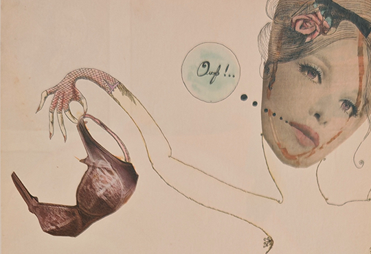 Evelyne Axell, Sans titre (Ouf !) (détail), vers 1964. Techniques mixtes et collage sur papier. 55 x 36,5 cm.Collection Philippe Axell. ADAGP, Paris, 2025