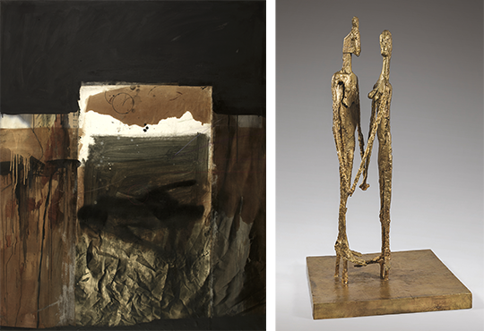 Antoni Clavé, Toile froissée et objet , 1978. Huile sur toile, 162 x 130 cm / Germaine Richier, Le couple, 1956. Bronze naturel, fondeur Susse, 139 x 74,5 x 74,5 cm. Collection privée, Paris