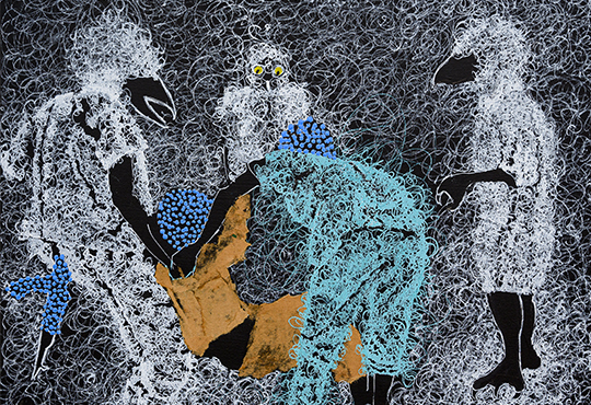 Serigne Ibrahima Dieye, Dark scenery #2, 2022, Technique mixte sur toile, 50 x 65 cm.