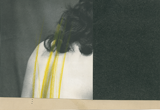 Katrien de Blauwer, Why I fear red, Love Blue (and) Hate yellow, yellow (20), 2022, Collage, cadre bois noir & verre musée 17x12 cm © Galerie Les filles du calvaire