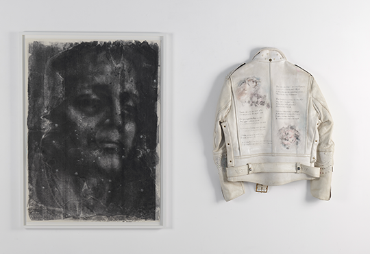 Jean-Luc Verna, Fata Morgana (dyptique), 2023, Drawing transfer, pastels, blush, and Posca markers on Bristol paper, six reinterpreted readymades, colored pencil on moto jack, 95 x 70cm © Courtesy Ceysson & Bénétière