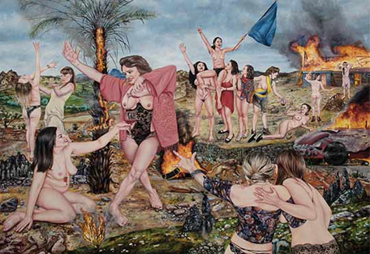 Nazanin Pouyandeh, Les pétroleuses, 2018. Huile sur toile, 185 x 250 cm © Galerie Sator