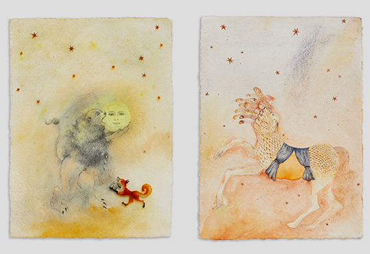 Karine Rougier, Penser par le milieu, 2024, Dyptique, tempera sur papier indien Lamali et peinture sur verre anti reflet