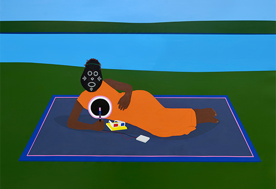 Dennis Osadebe, Reclining Woman (Forcing Connection) 2024, Acrylic on canvas, 40 x 49.2 in © Yinka Babalola, Courtesy the Artist and Ceysson & Bénétière