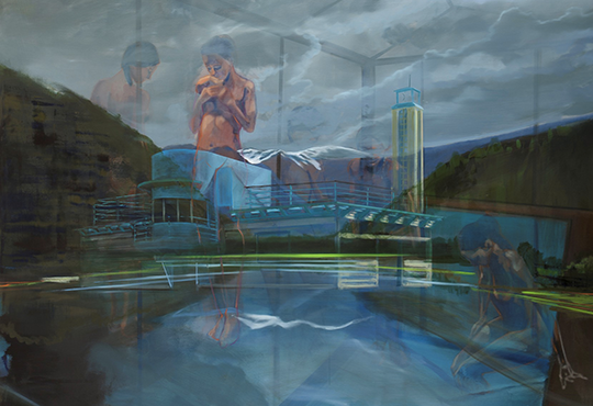 Olivier Masmonteil, Baigneuses sur la Fontaine River, 2017. Huile sur toile, 200 x 200 cm. © Adagp, Paris.