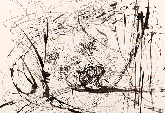 Judit Reigl, Éclatement, 1954, encre de Chine sur papier, 21 x 31 cm. Prêt exceptionnel du Fonds de dotation Judit Reigl. © Ph. Boudreaux © ADAGP, Paris, 2025 et Fonds de dotation Judit Reigl.