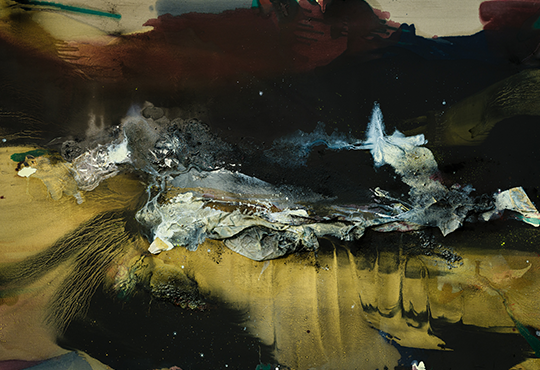 Lionel Sabatté, Chrysalide cavalière, 2022. Huile, fragments de soie, poussières du Chateau de Chambord sur toile, 195 x 300 cm  © Gregory Copitet