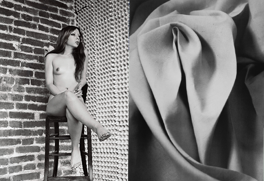 ORLAN, Corps et sculpture jambes croisées sur chaise, 1964, photographie noir et blanc, 115 x 175 cm, courtesy Ceysson & Bénétière / ORLAN, Drapé, 2015, sérigraphie sur Rivoli, 300 gr, 70 x 50 cm, édition de 100 exemplaires, signée et numérotée en bas à droite © DR