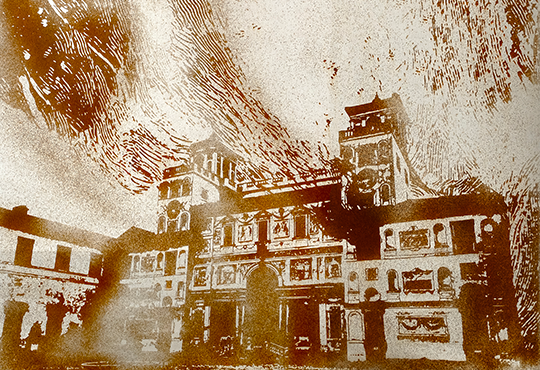 Nicolas Daubanes, La Villa Medicis en feu (détail), 2025, limaille de fer incandescente incrustée sur verre, oxydée, 160 x 120 cm, collection Nicolas Daubanes. © Nicolas Giganto